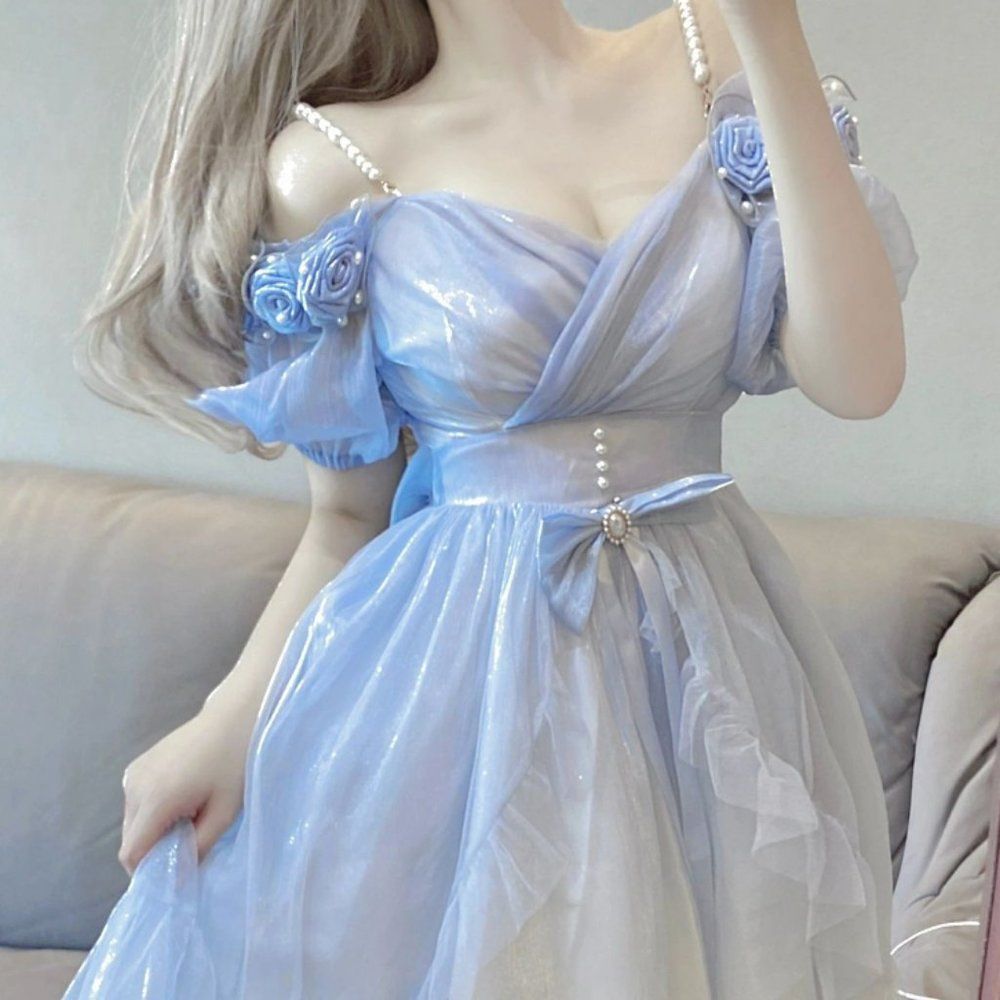 Blue Rose Bubble Sleeve Gradient Princess Lolita Women Dress #1259 - Picture 2 of 6